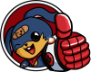 A logo of Lunny, the toy making bunny showing their robo-fist with a giant thumbs up. Lunny has a big smile and a wink. Lunny is a blue and yellow bunny, wearing a red scarf and a winking bandaid on their forehead. Their robot fist is white, black, and red.